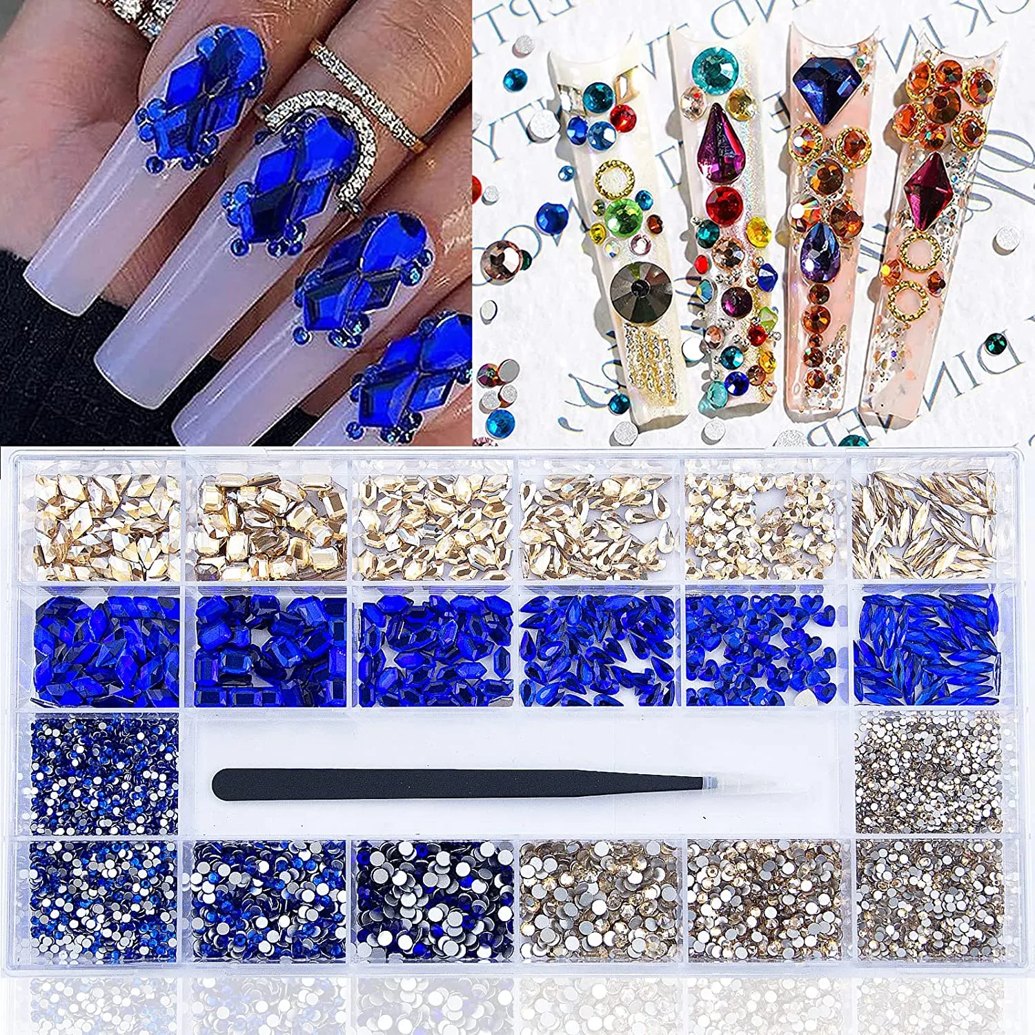 8200Pcs AB Red Blue Green Champagne Gold Black Pink Yellow Nail Rhinestones Mixed Colored Multi Shaped Sized Nail Beads Glass Gems Stones Rhinestones for Nail DIY Crafts Jewelry