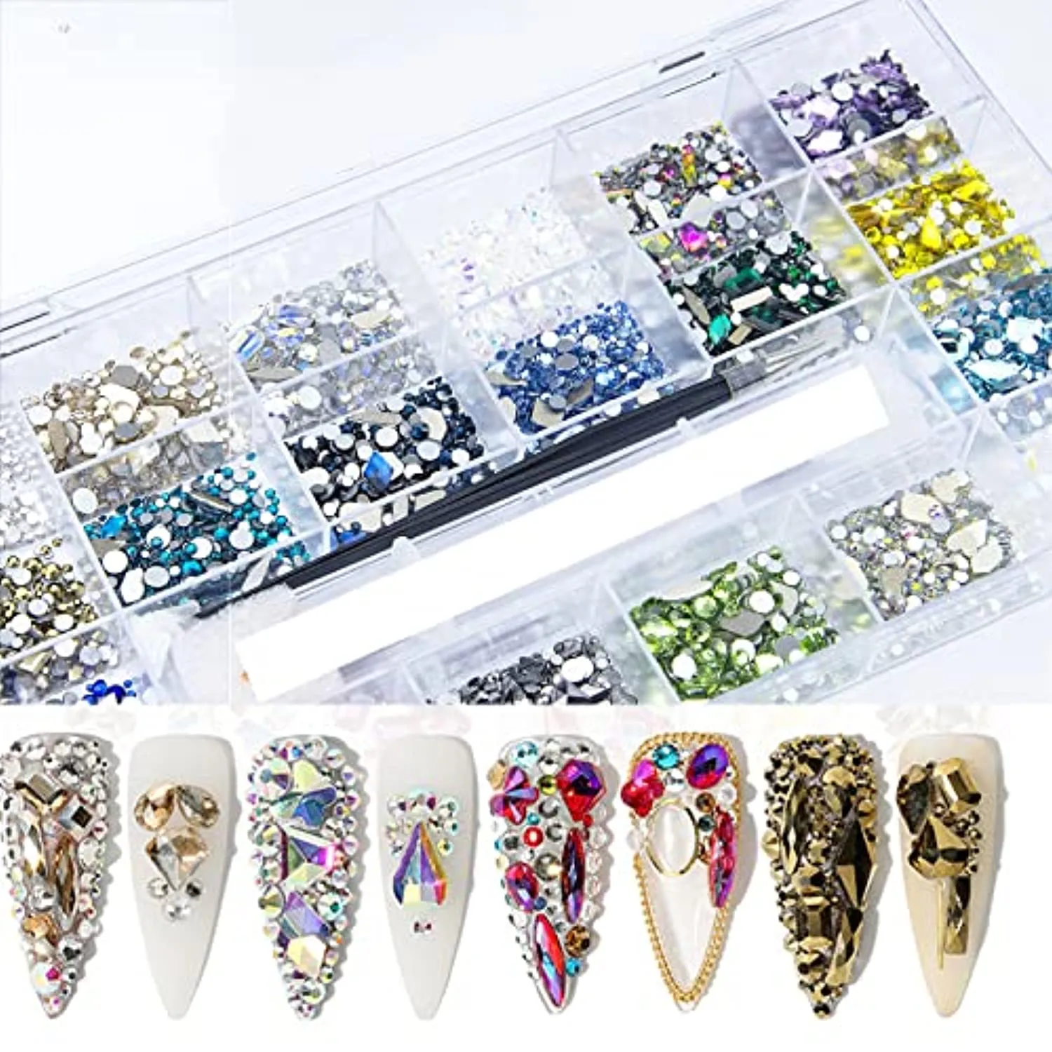 8200Pcs AB Red Blue Green Champagne Gold Black Pink Yellow Nail Rhinestones Mixed Colored Multi Shaped Sized Nail Beads Glass Gems Stones Rhinestones for Nail DIY Crafts Jewelry
