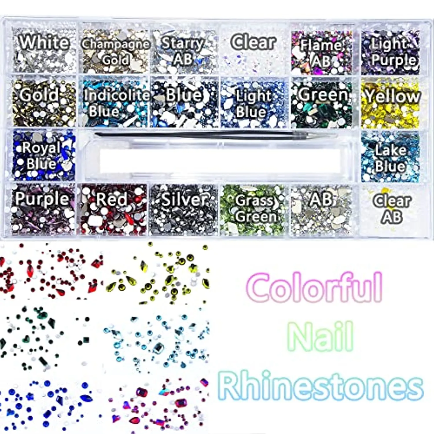8200Pcs AB Red Blue Green Champagne Gold Black Pink Yellow Nail Rhinestones Mixed Colored Multi Shaped Sized Nail Beads Glass Gems Stones Rhinestones for Nail DIY Crafts Jewelry