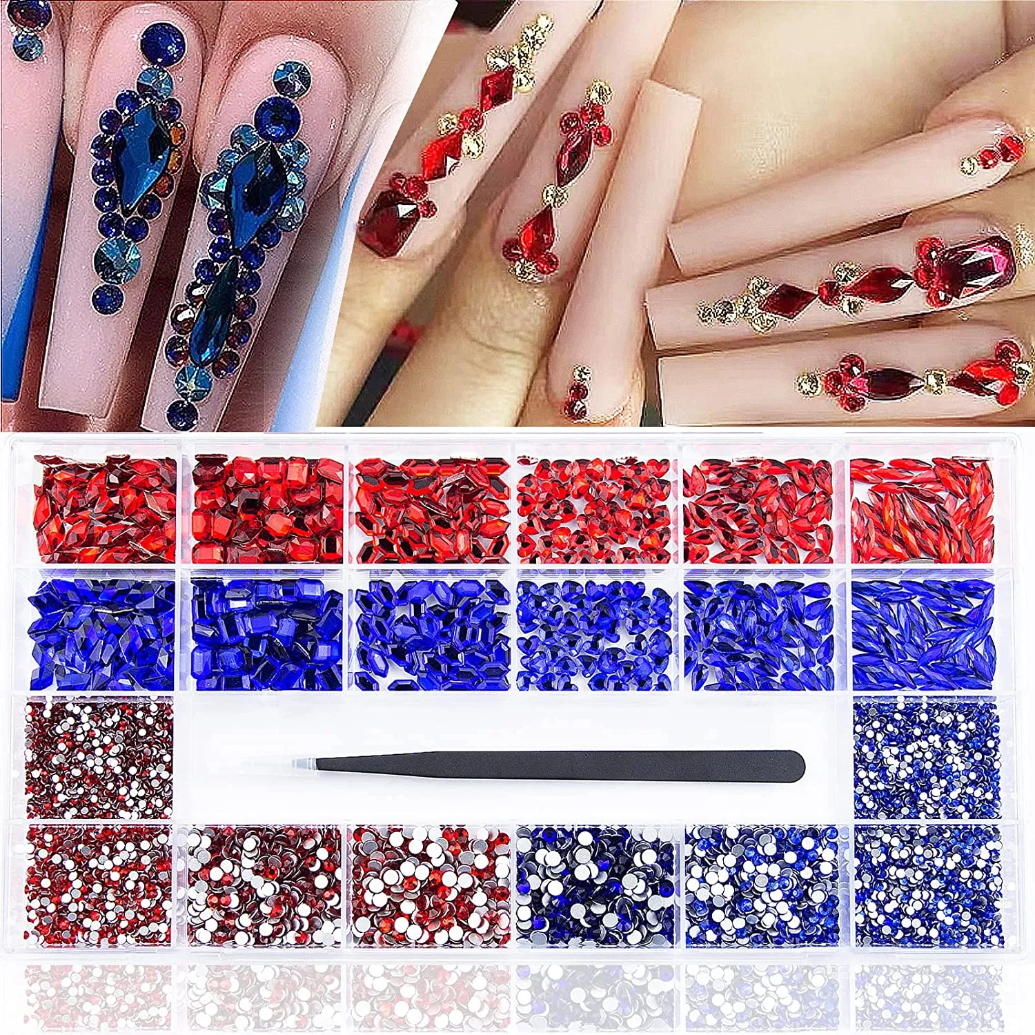 8200Pcs AB Red Blue Green Champagne Gold Black Pink Yellow Nail Rhinestones Mixed Colored Multi Shaped Sized Nail Beads Glass Gems Stones Rhinestones for Nail DIY Crafts Jewelry
