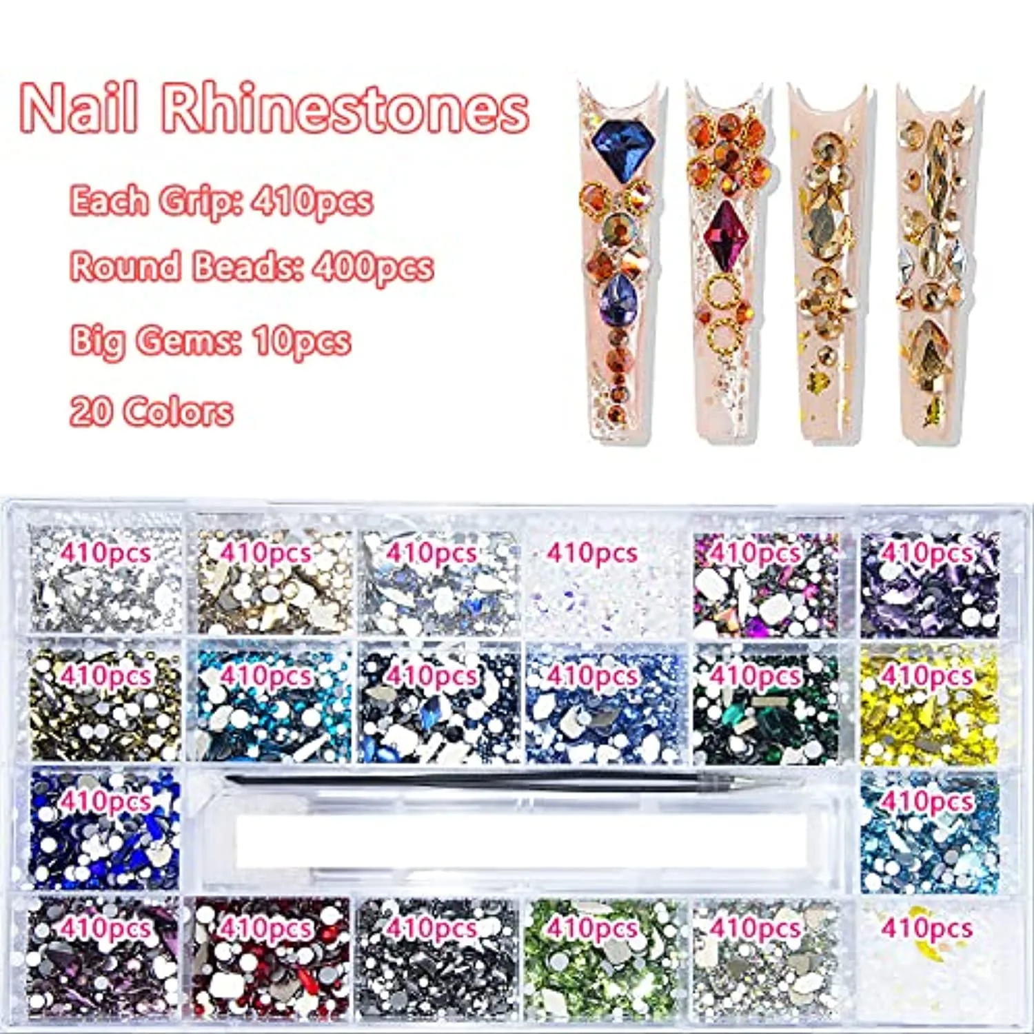8200Pcs AB Red Blue Green Champagne Gold Black Pink Yellow Nail Rhinestones Mixed Colored Multi Shaped Sized Nail Beads Glass Gems Stones Rhinestones for Nail DIY Crafts Jewelry