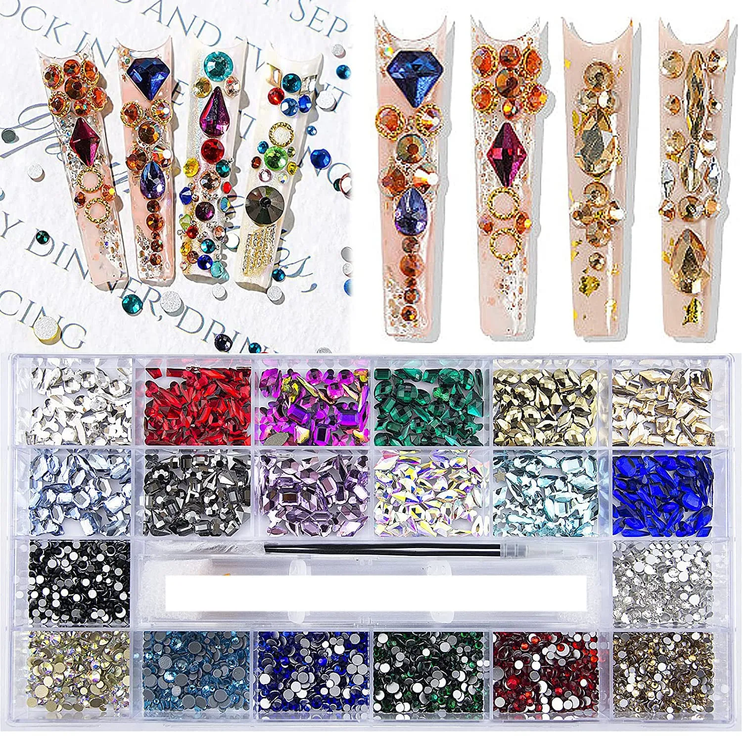 8200Pcs AB Red Blue Green Champagne Gold Black Pink Yellow Nail Rhinestones Mixed Colored Multi Shaped Sized Nail Beads Glass Gems Stones Rhinestones for Nail DIY Crafts Jewelry