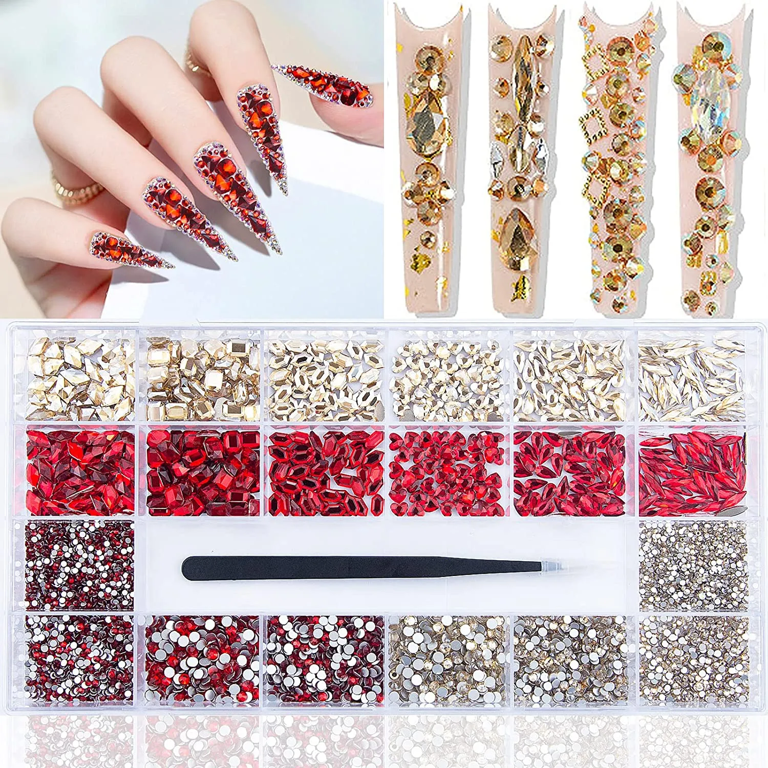 8200Pcs AB Red Blue Green Champagne Gold Black Pink Yellow Nail Rhinestones Mixed Colored Multi Shaped Sized Nail Beads Glass Gems Stones Rhinestones for Nail DIY Crafts Jewelry