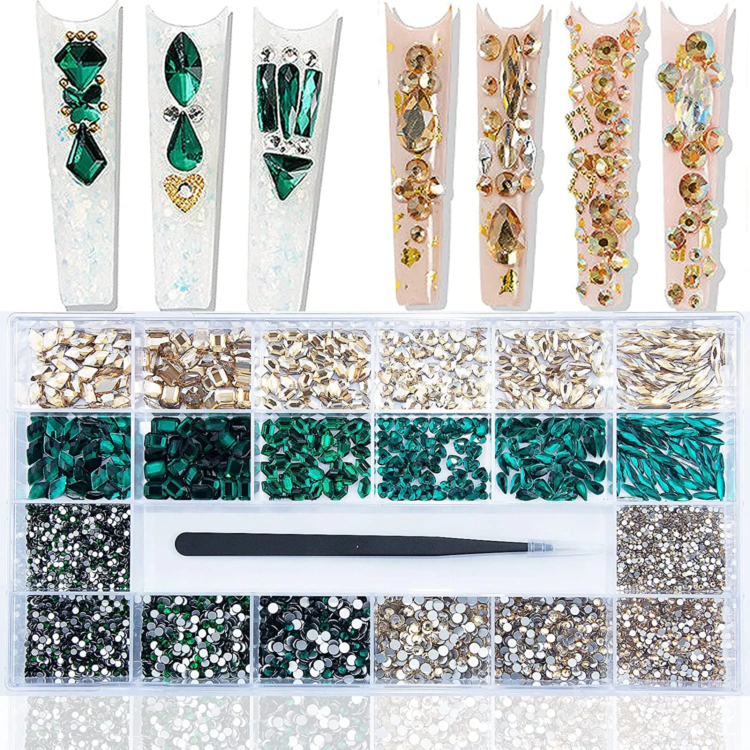 8200Pcs AB Red Blue Green Champagne Gold Black Pink Yellow Nail Rhinestones Mixed Colored Multi Shaped Sized Nail Beads Glass Gems Stones Rhinestones for Nail DIY Crafts Jewelry