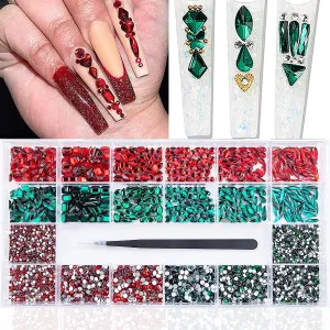 8200Pcs AB Red Blue Green Champagne Gold Black Pink Yellow Nail Rhinestones Mixed Colored Multi Shaped Sized Nail Beads Glass Gems Stones Rhinestones for Nail DIY Crafts Jewelry