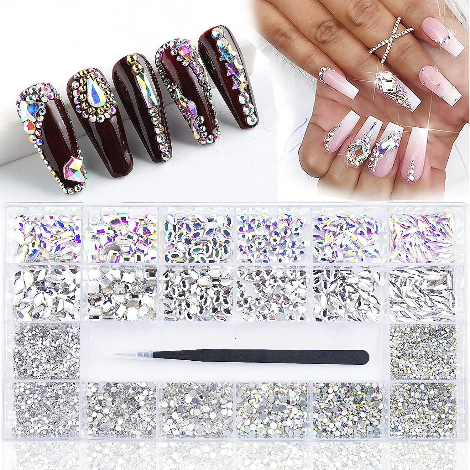 8200Pcs AB Red Blue Green Champagne Gold Black Pink Yellow Nail Rhinestones Mixed Colored Multi Shaped Sized Nail Beads Glass Gems Stones Rhinestones for Nail DIY Crafts Jewelry