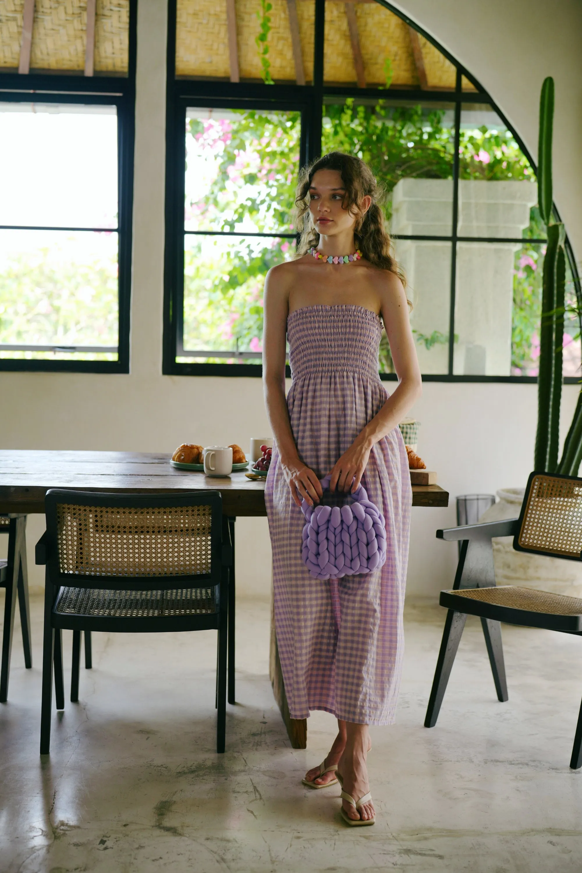 Ava Strapless Crinkle Gingham Dress in Lilac
