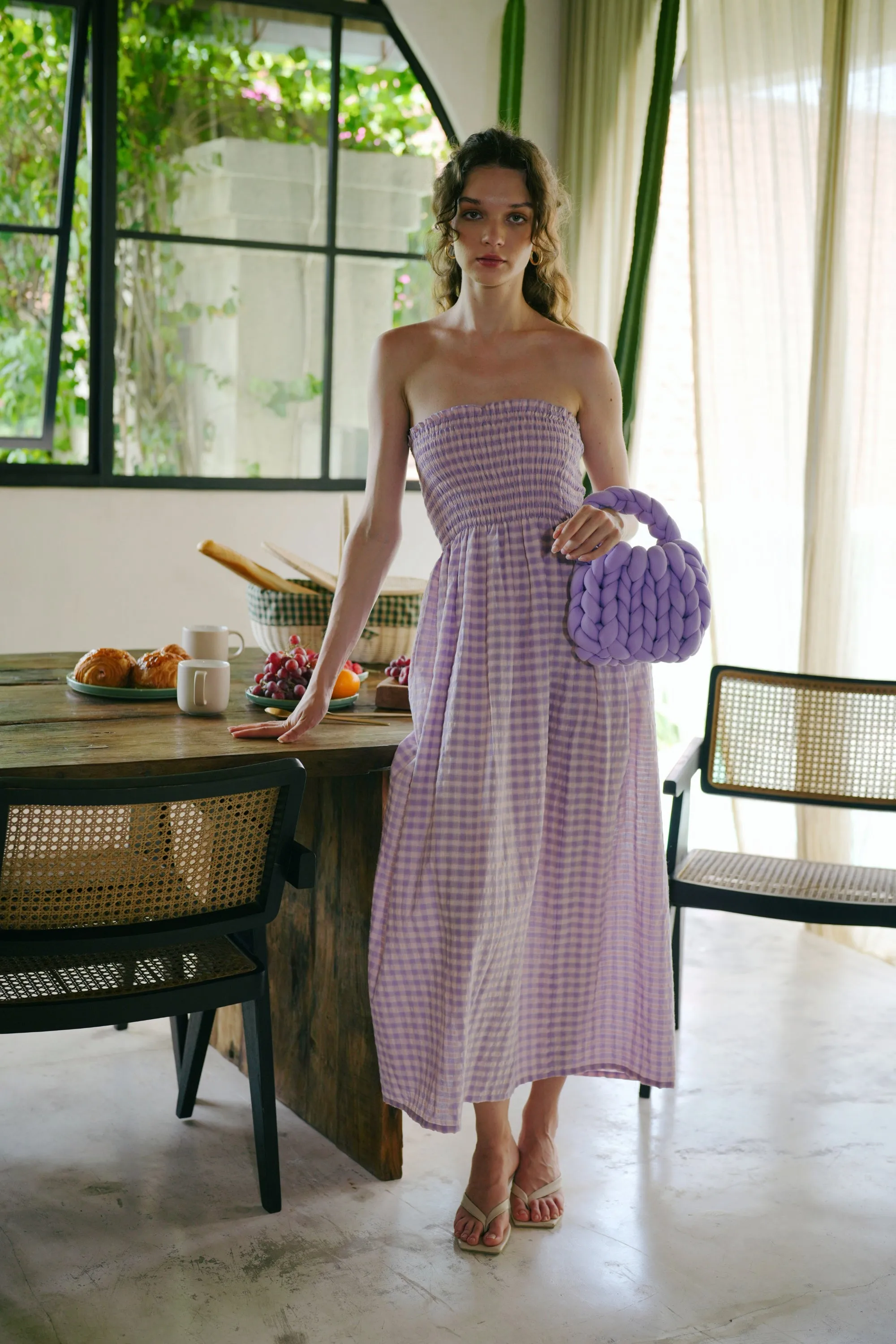 Ava Strapless Crinkle Gingham Dress in Lilac