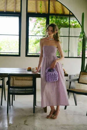 Ava Strapless Crinkle Gingham Dress in Lilac