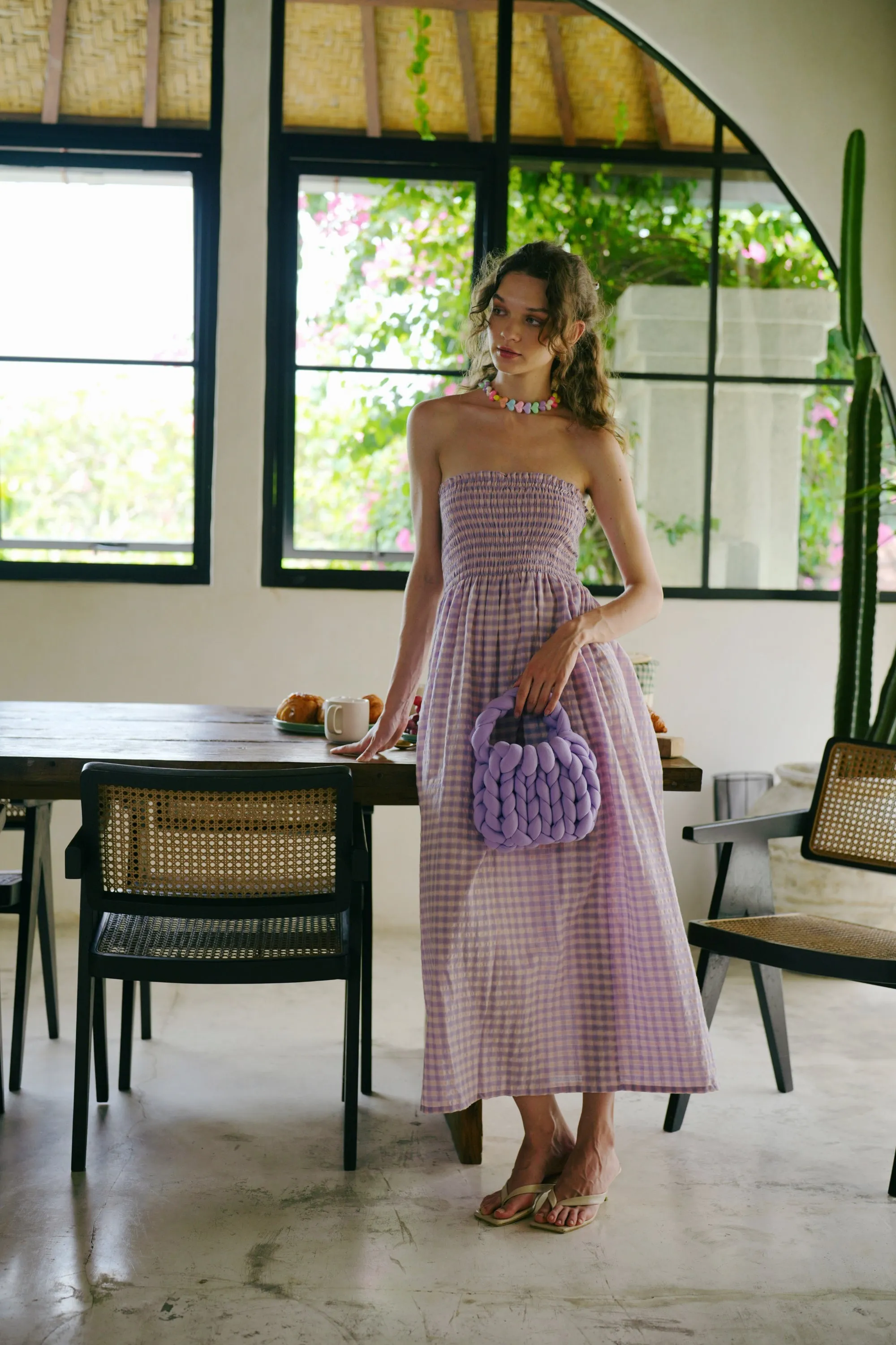 Ava Strapless Crinkle Gingham Dress in Lilac