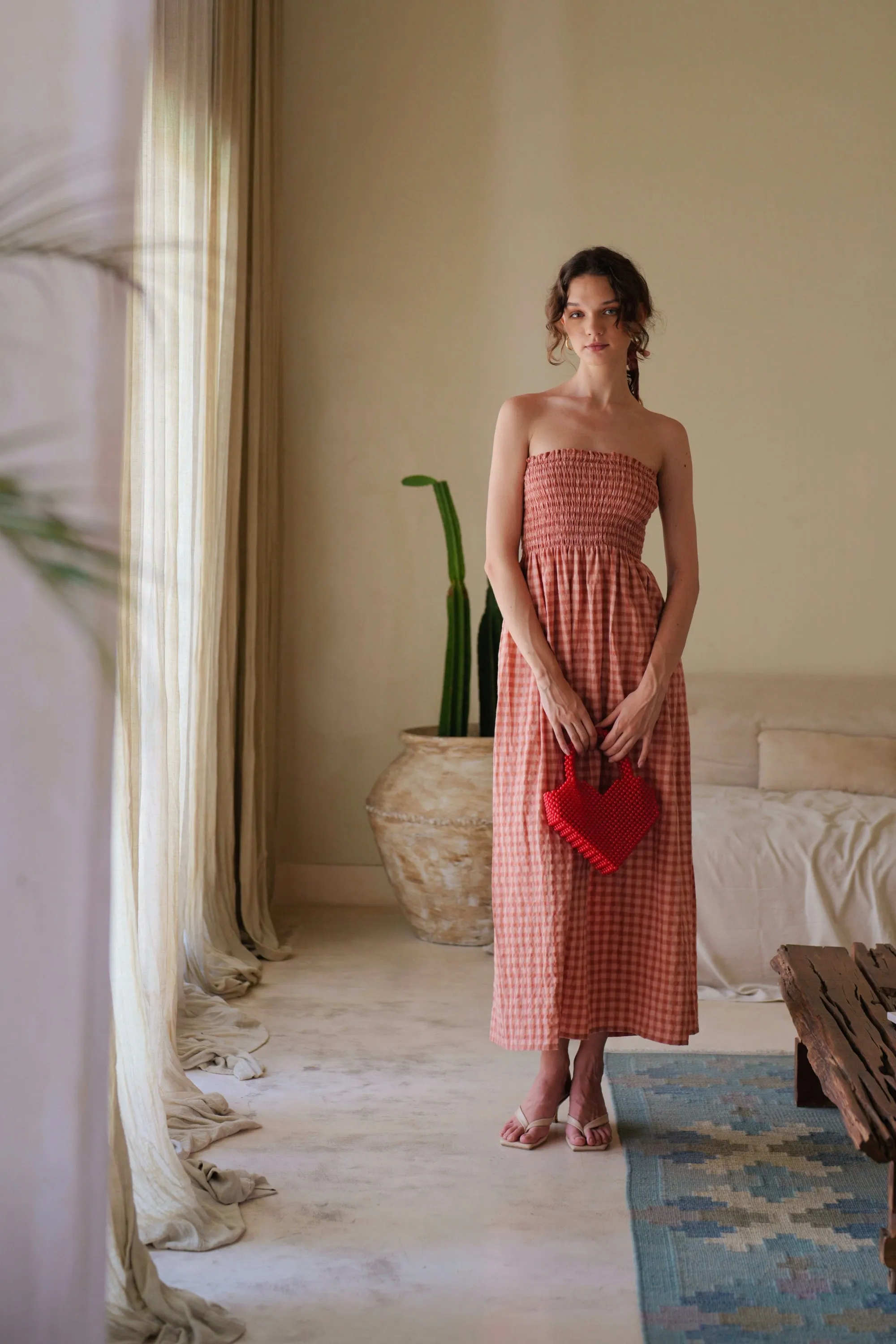 Ava Strapless Crinkle Gingham Dress in Persimmon
