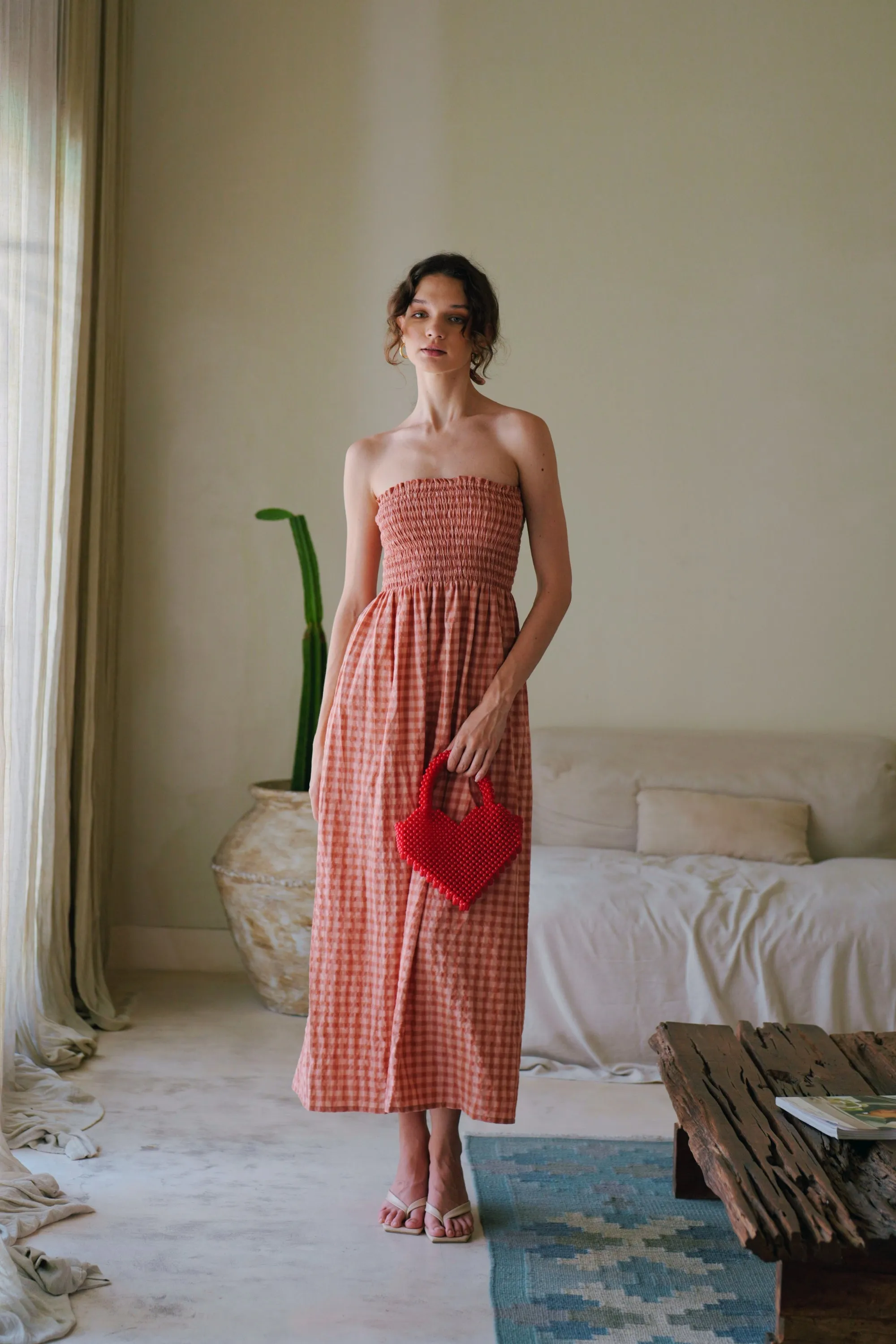 Ava Strapless Crinkle Gingham Dress in Persimmon