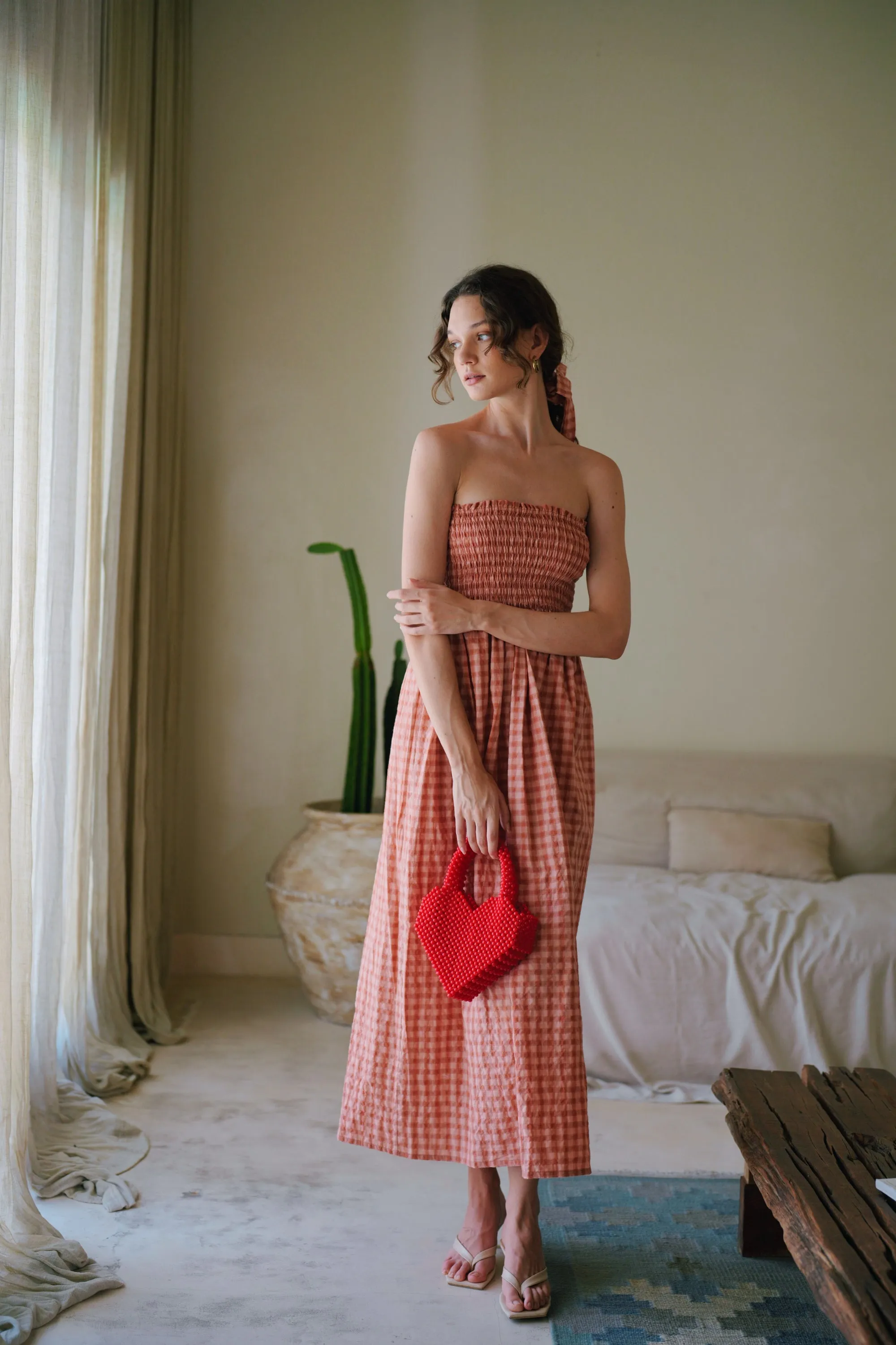 Ava Strapless Crinkle Gingham Dress in Persimmon