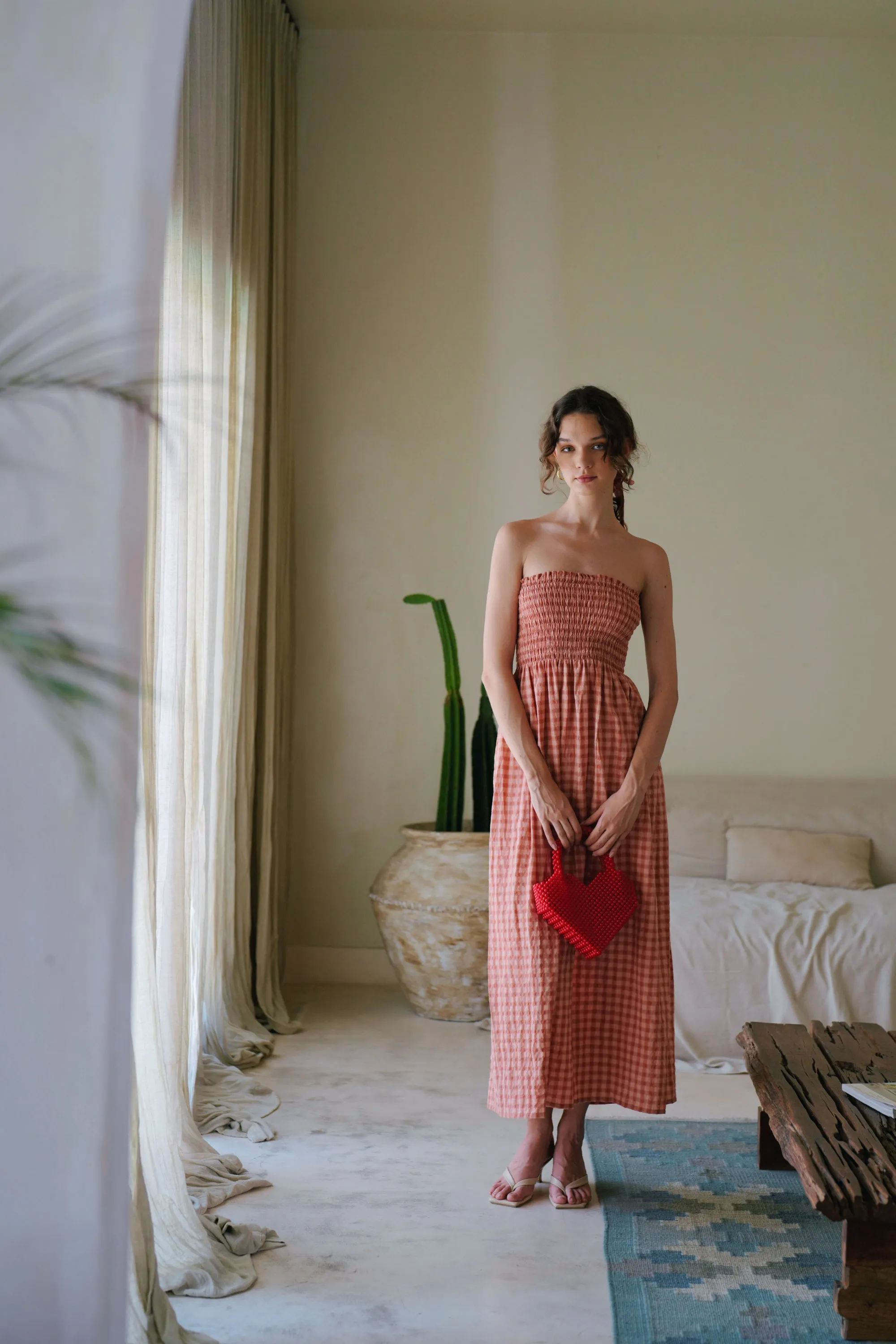 Ava Strapless Crinkle Gingham Dress in Persimmon