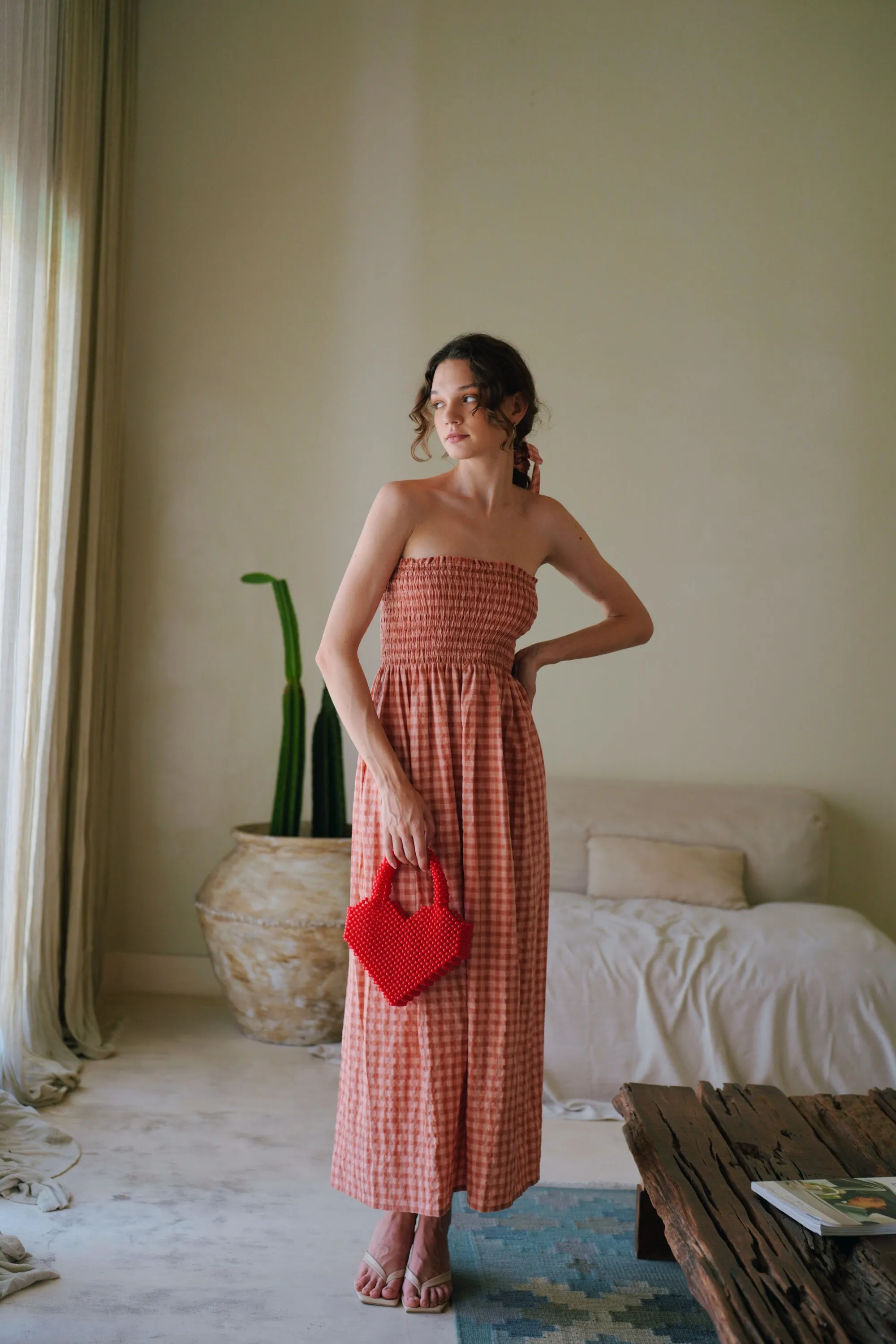 Ava Strapless Crinkle Gingham Dress in Persimmon