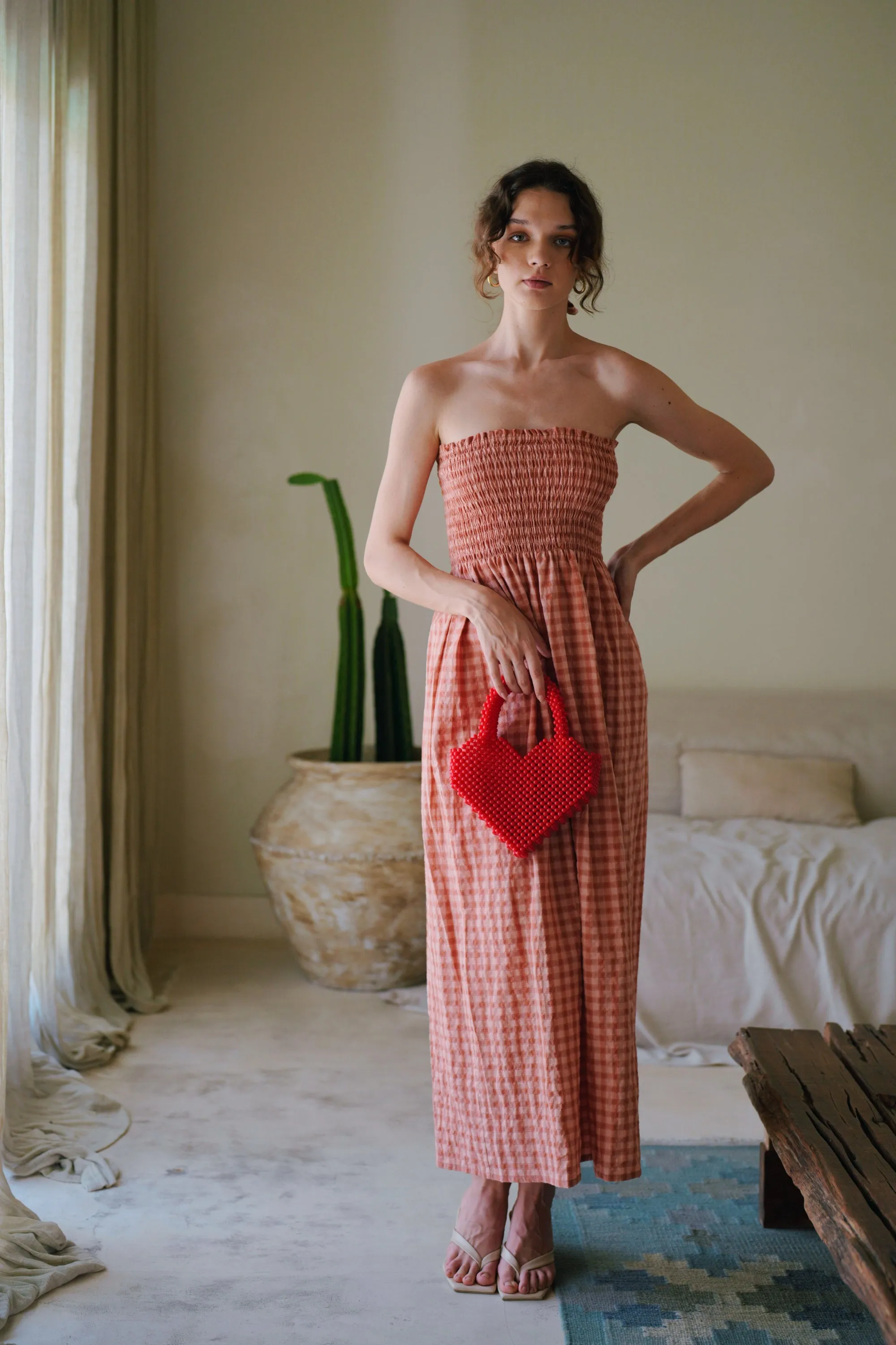 Ava Strapless Crinkle Gingham Dress in Persimmon