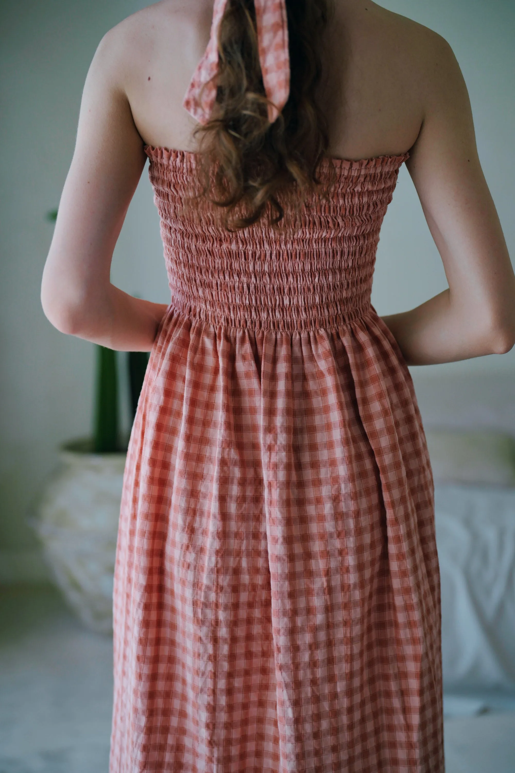 Ava Strapless Crinkle Gingham Dress in Persimmon