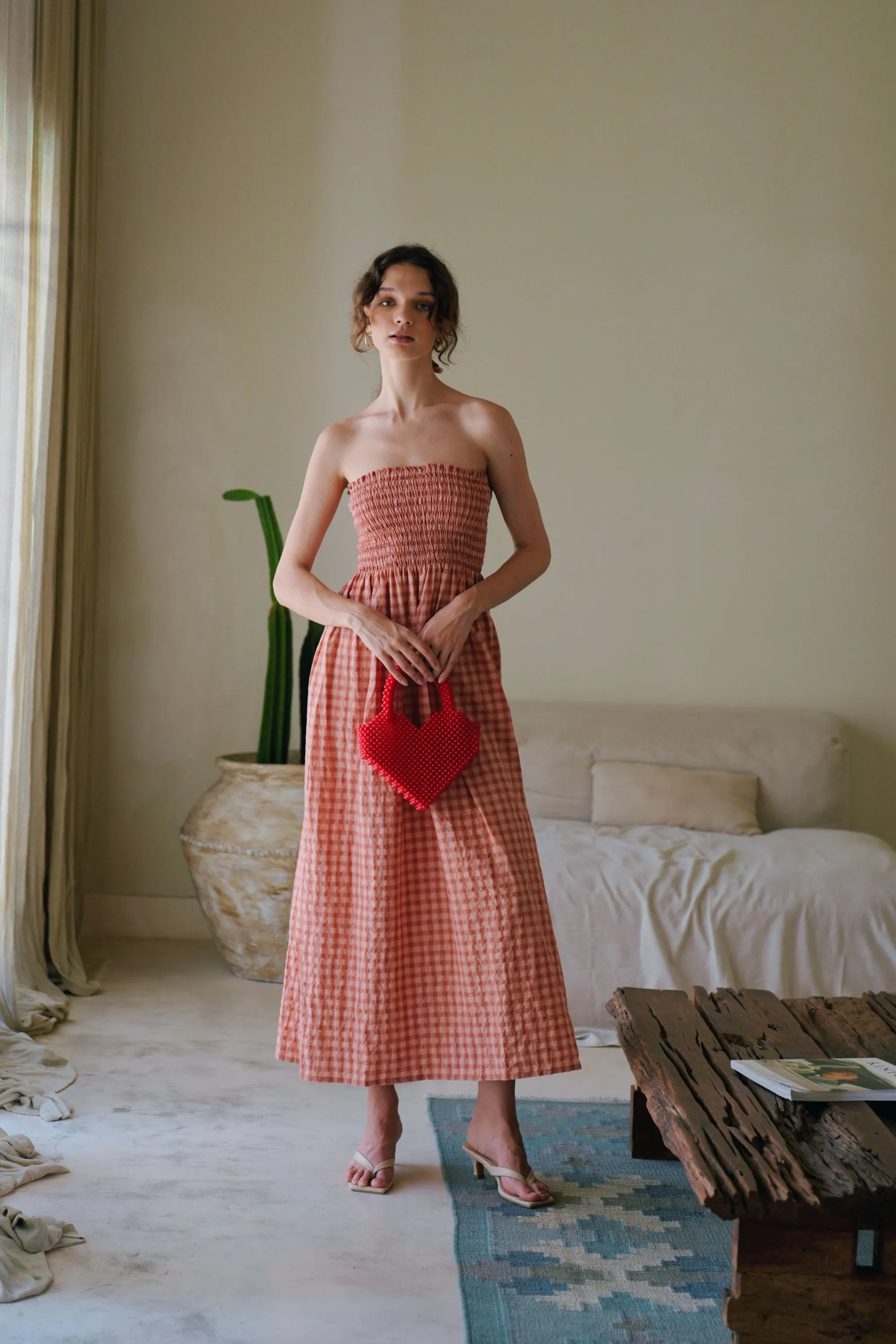 Ava Strapless Crinkle Gingham Dress in Persimmon