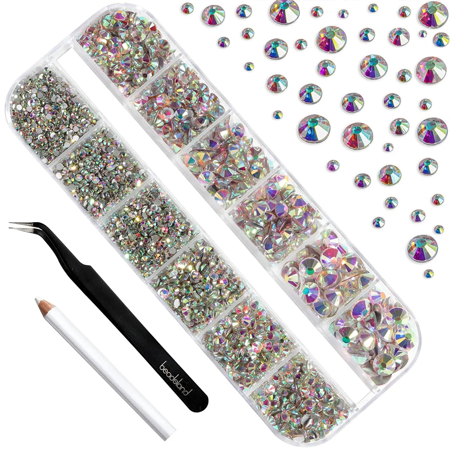 Beadsland 2500pcs Nailart Flatback Rhinestones Crystal Flatback Gems Round Crystal Rhinestones for Crafts Mixed 8 Sizes SS4~SS30 with Picking Tweezer and Pen (Clear)