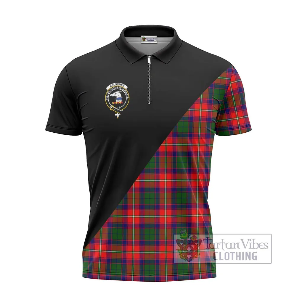 Belsches Tartan Zipper Polo Shirt with Family Crest and Military Logo Style