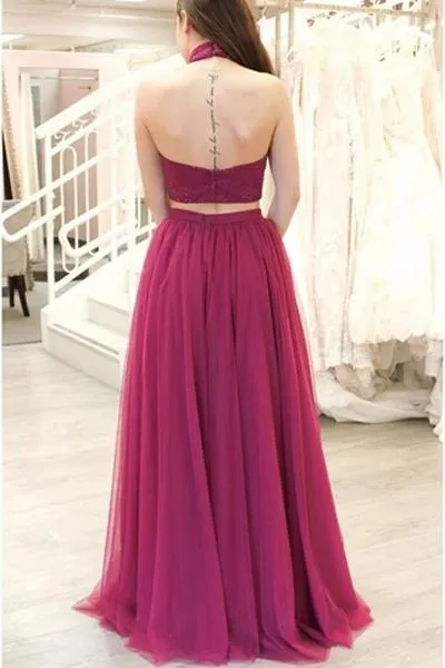 Burgundy Tulle A Line Two Piece Beaded Long Prom Dresses with Slit, SP515