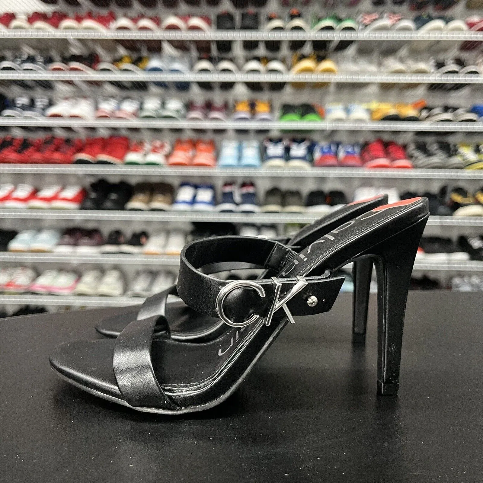 Calvin Klein Black Strappy CK Emblem Open Toe High Heel Shoes Womens Size 6