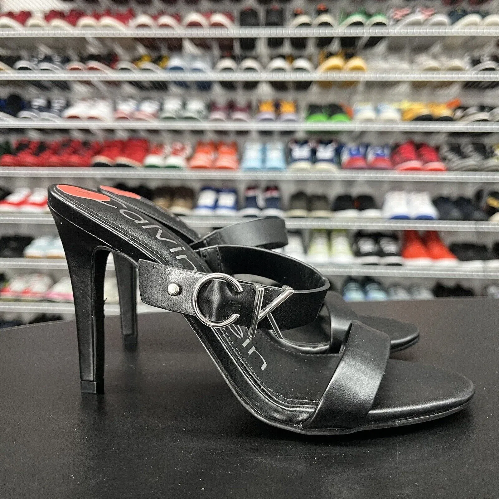 Calvin Klein Black Strappy CK Emblem Open Toe High Heel Shoes Womens Size 6