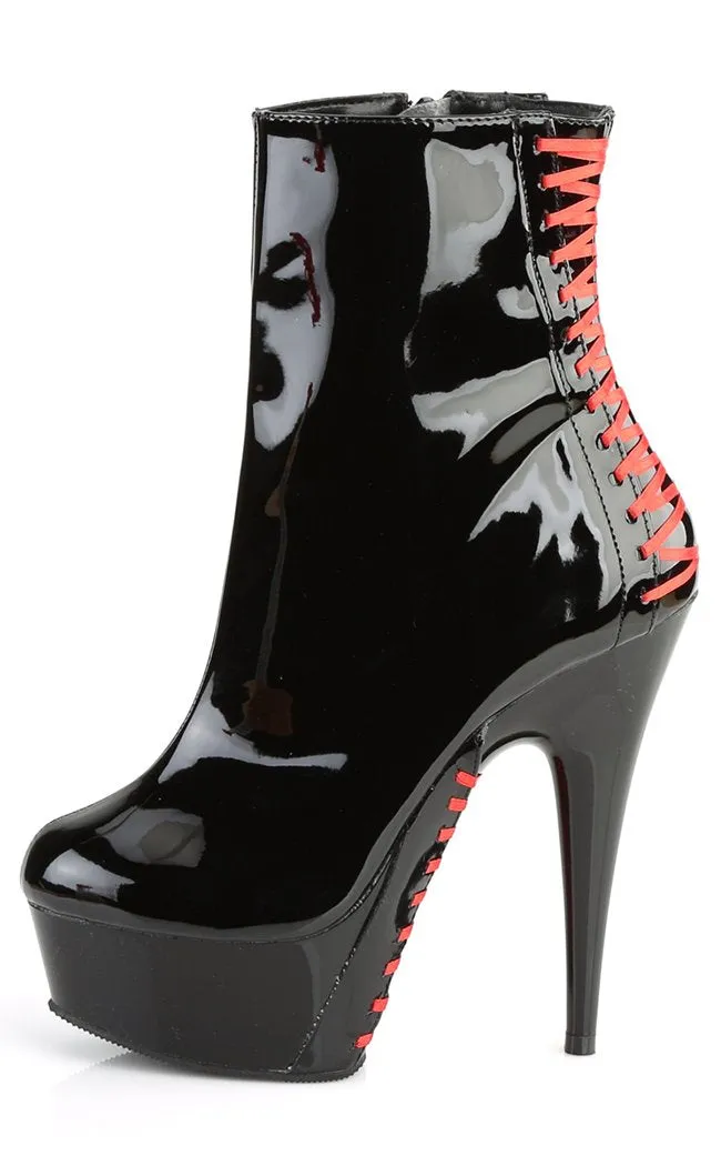 DELIGHT-1010 Black Patent & Red Laced Ankle Boots