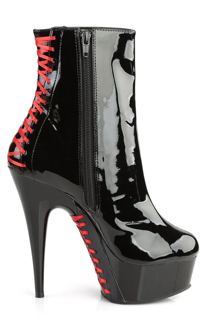 DELIGHT-1010 Black Patent & Red Laced Ankle Boots