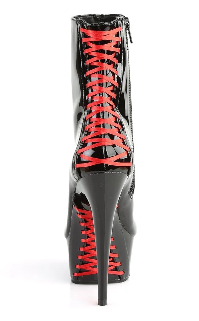 DELIGHT-1010 Black Patent & Red Laced Ankle Boots