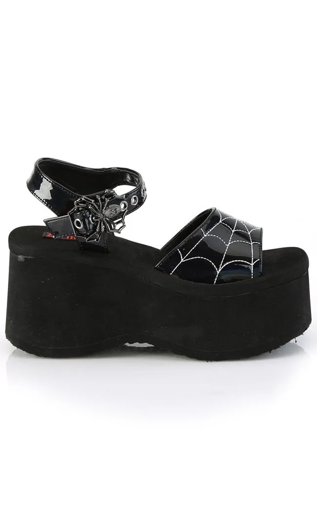 FUNN-10 Black Patent Holo Spiderweb Sandals