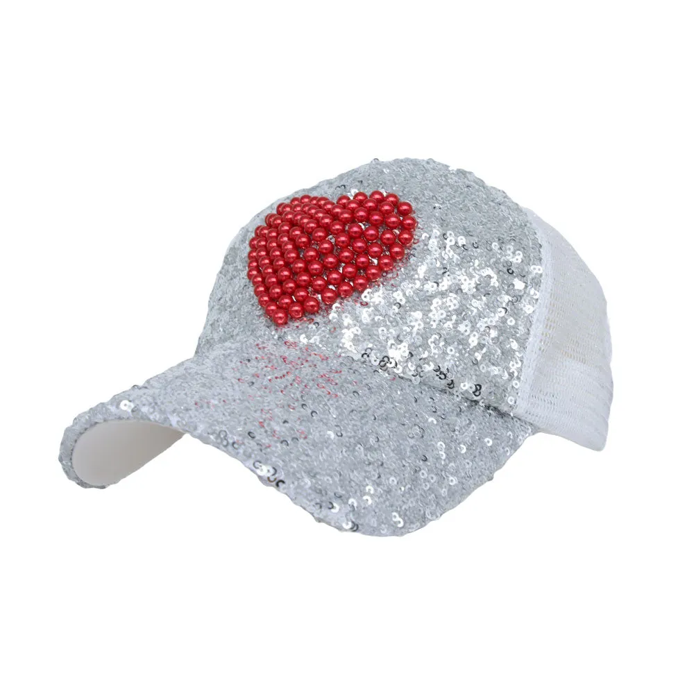 Glitter Sequin Hat Bling Heart Meshed Sparkle Shining Baseball Cap YTM1429