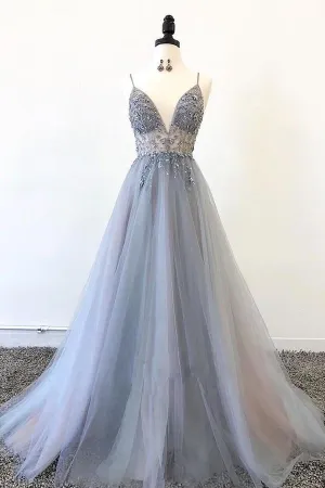Gray A-line V-neck Tulle Spaghetti Straps Long Prom Dress with Appliques, SP536