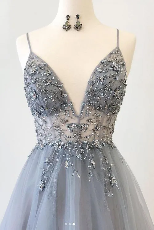 Gray A-line V-neck Tulle Spaghetti Straps Long Prom Dress with Appliques, SP536