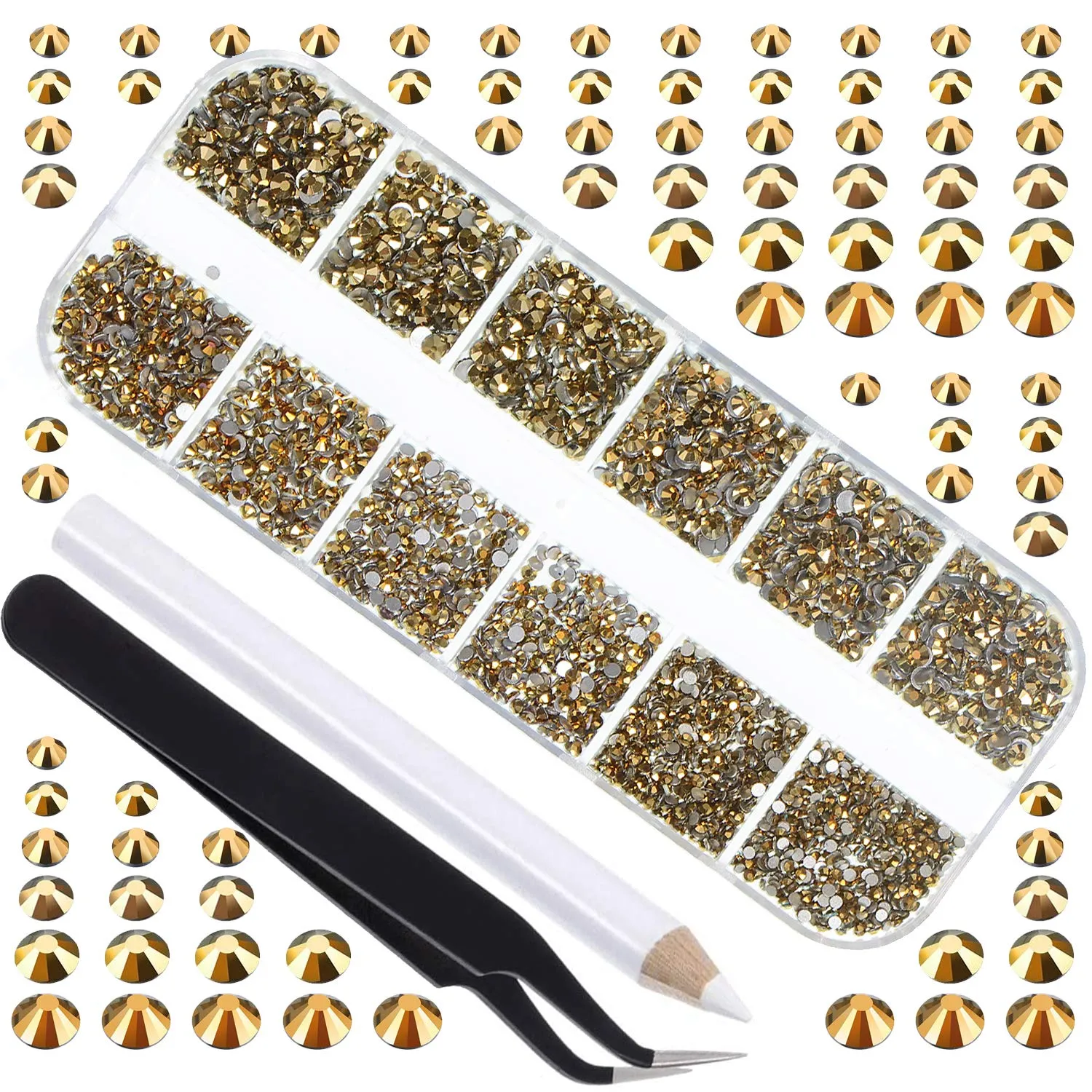 LPBeads 3456 Pieces 6 Sizes Metallic Gold Flat Back Round Crystal Rhinestones for Crafts Nails Art Face Makeup Clothes DIY with Pick Up Tweezers and Picking Pen