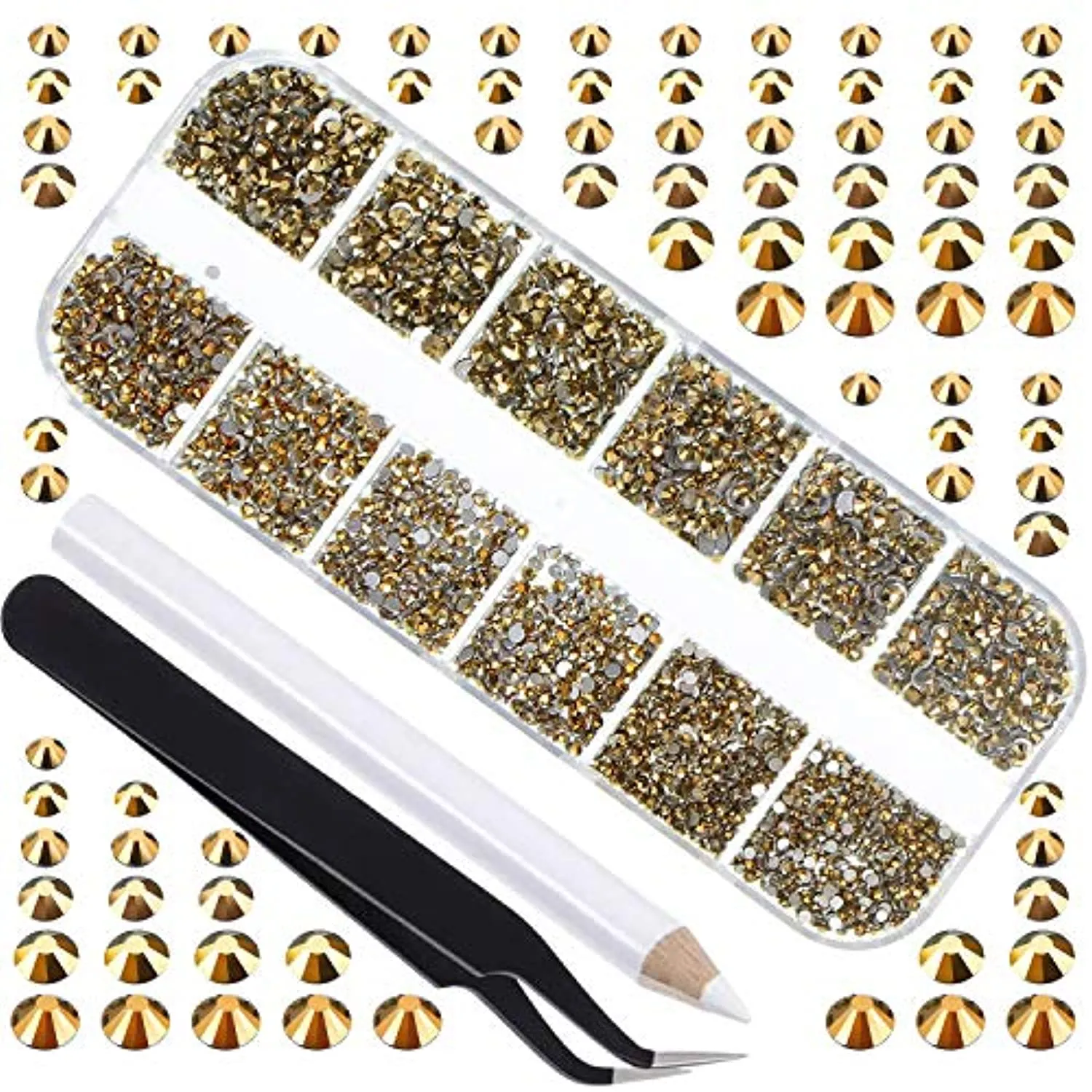 LPBeads 3456 Pieces 6 Sizes Metallic Gold Flat Back Round Crystal Rhinestones for Crafts Nails Art Face Makeup Clothes DIY with Pick Up Tweezers and Picking Pen