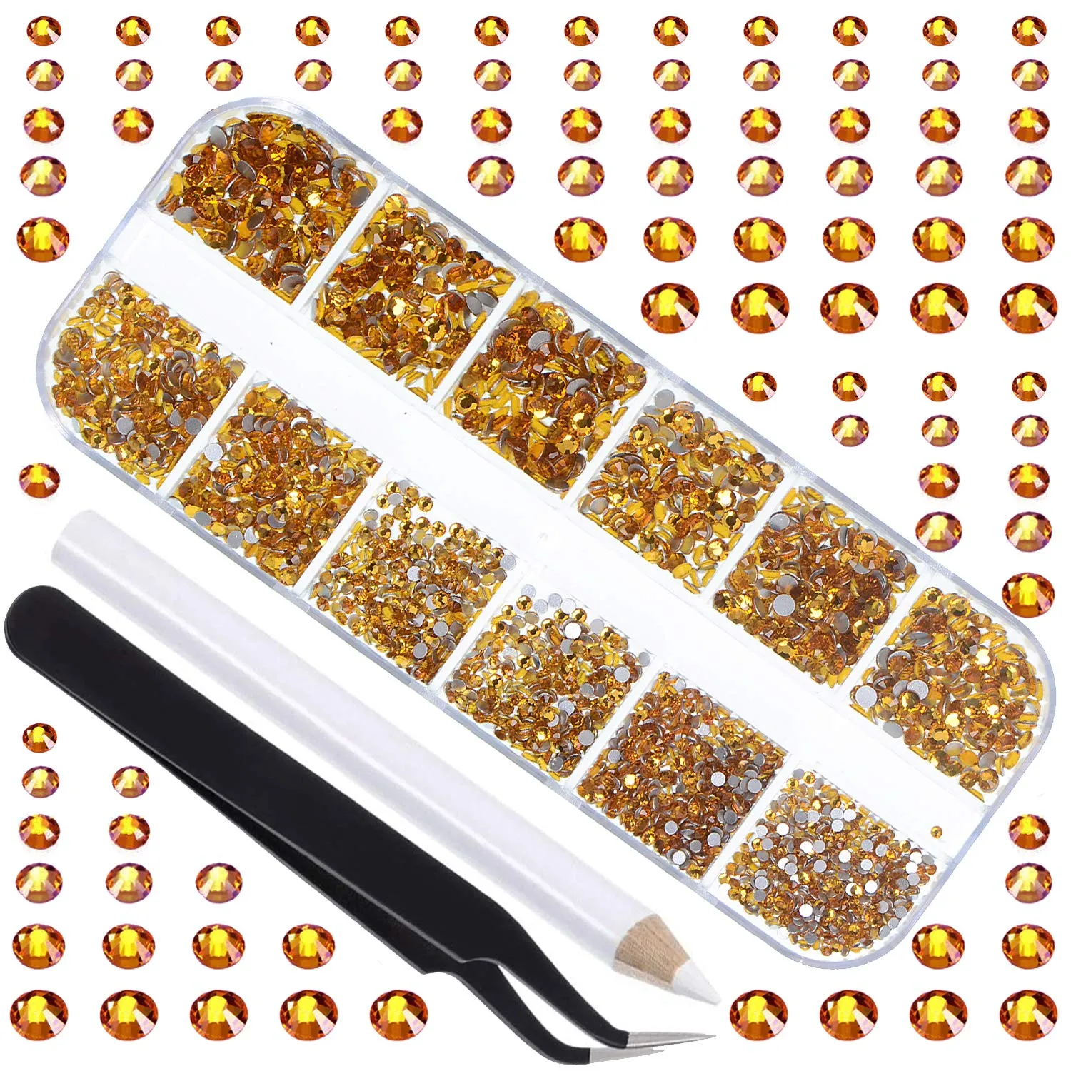 LPBeads 3456 Pieces 6 Sizes Metallic Gold Flat Back Round Crystal Rhinestones for Crafts Nails Art Face Makeup Clothes DIY with Pick Up Tweezers and Picking Pen