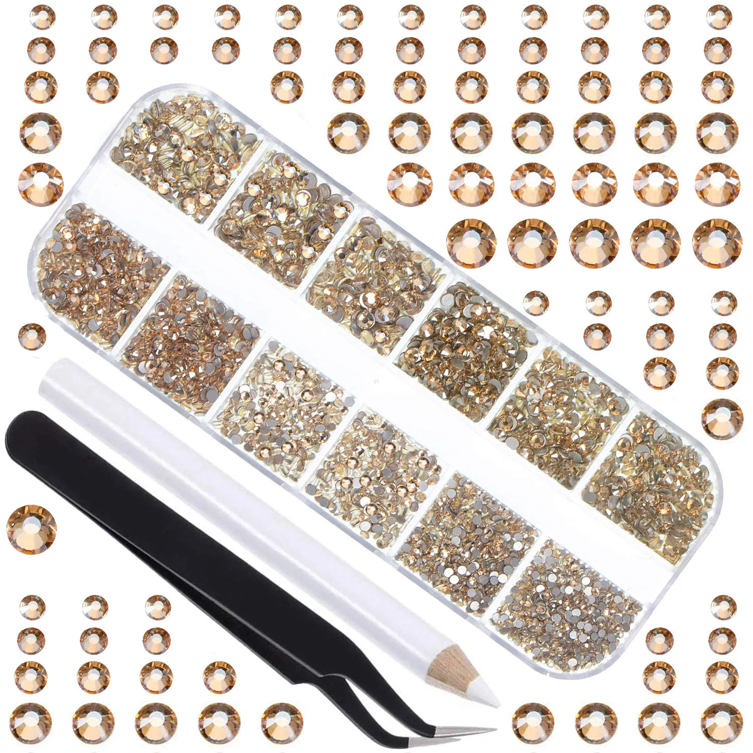 LPBeads 3456 Pieces 6 Sizes Metallic Gold Flat Back Round Crystal Rhinestones for Crafts Nails Art Face Makeup Clothes DIY with Pick Up Tweezers and Picking Pen