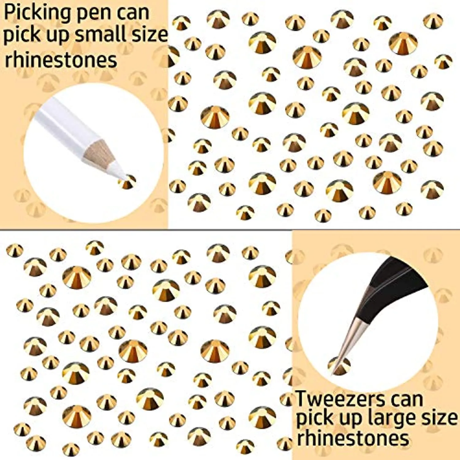 LPBeads 3456 Pieces 6 Sizes Metallic Gold Flat Back Round Crystal Rhinestones for Crafts Nails Art Face Makeup Clothes DIY with Pick Up Tweezers and Picking Pen