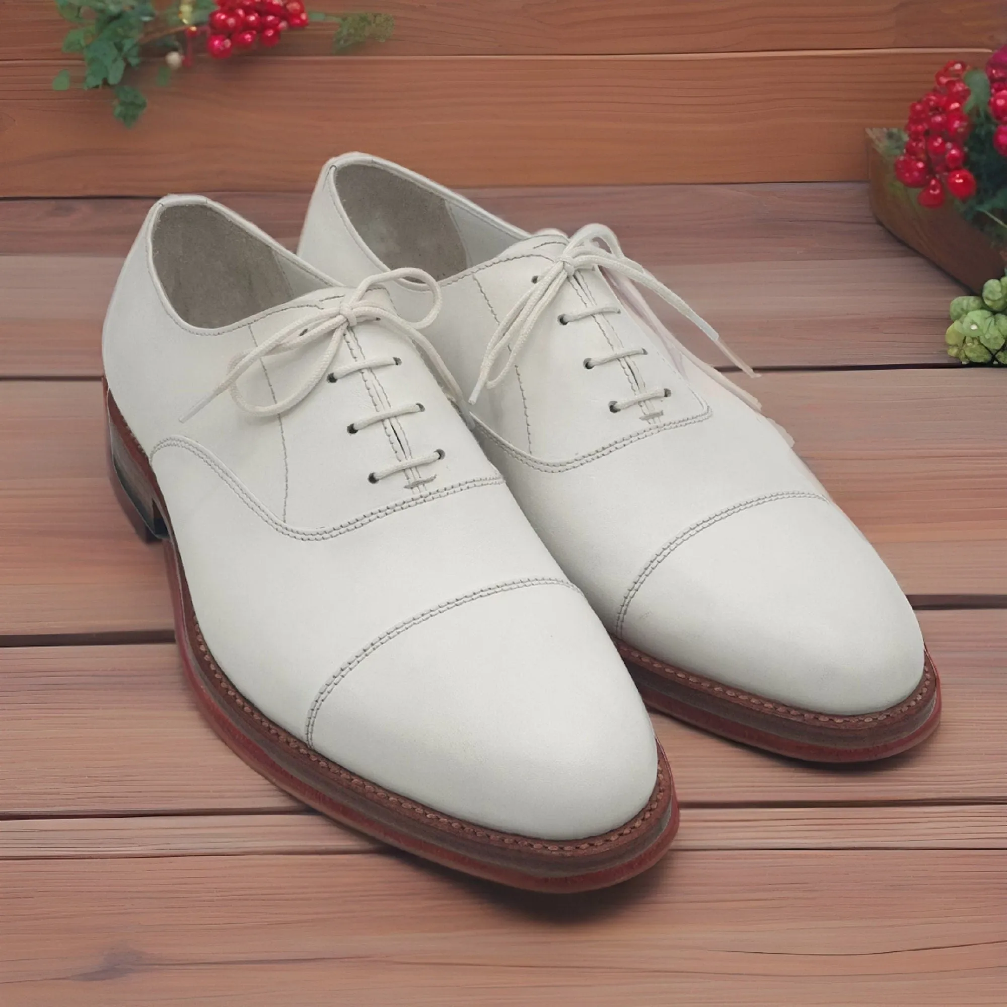 Men's Handmade White Leather Shoes, Men's Bespoke Oxford Toe Cap Lace Up Dress Shoes Men Style Gift For Men