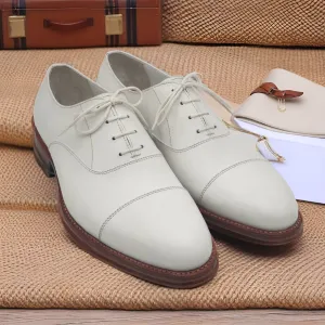 Men's Handmade White Leather Shoes, Men's Bespoke Oxford Toe Cap Lace Up Dress Shoes Men Style Gift For Men