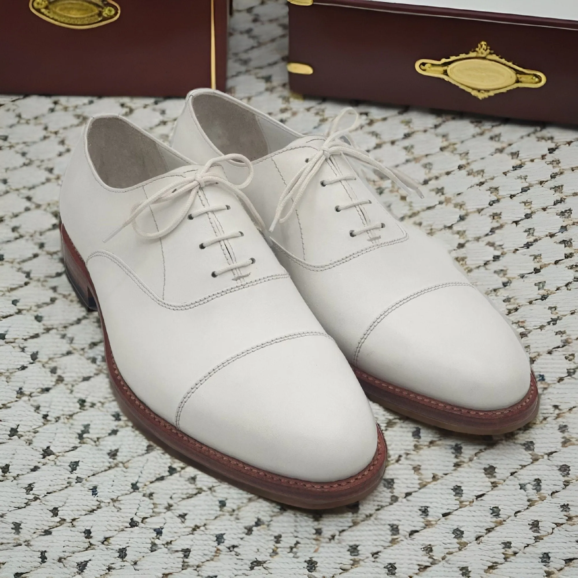 Men's Handmade White Leather Shoes, Men's Bespoke Oxford Toe Cap Lace Up Dress Shoes Men Style Gift For Men