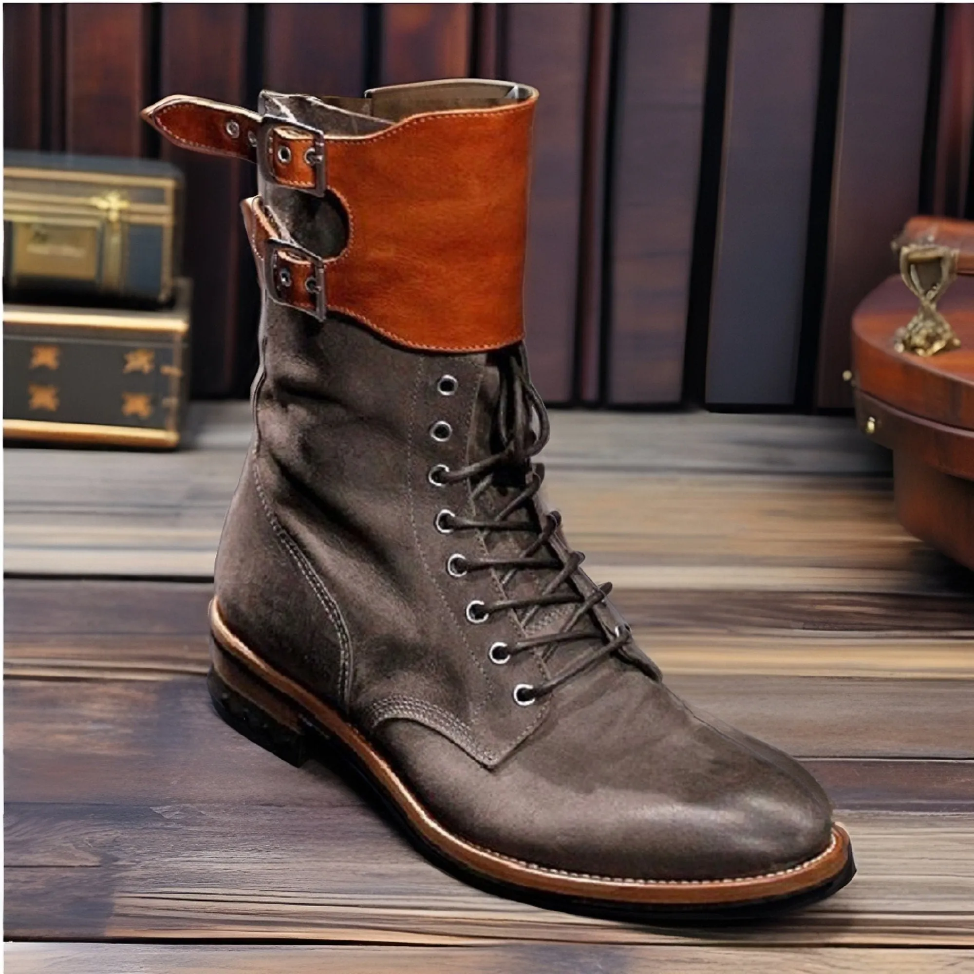 New Handmade Tan and Grey Men's Military Style Superb Leather Boots Long Men Boots