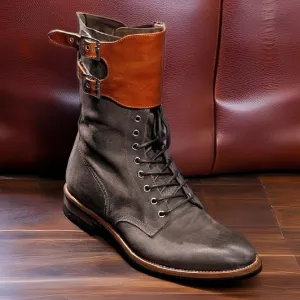 New Handmade Tan and Grey Men's Military Style Superb Leather Boots Long Men Boots