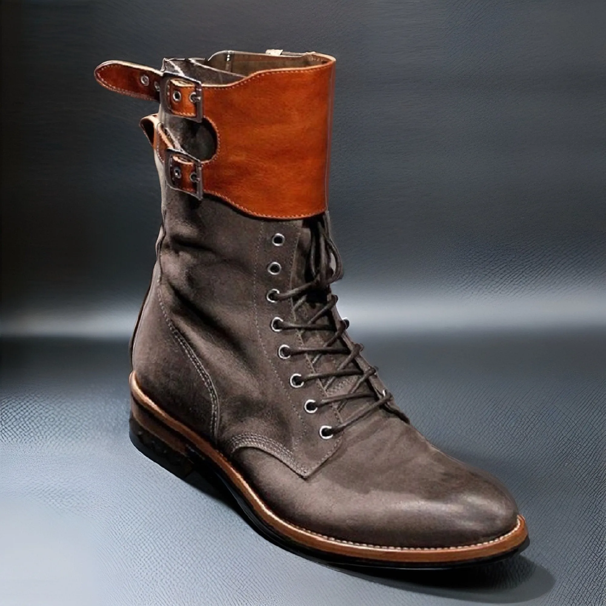 New Handmade Tan and Grey Men's Military Style Superb Leather Boots Long Men Boots