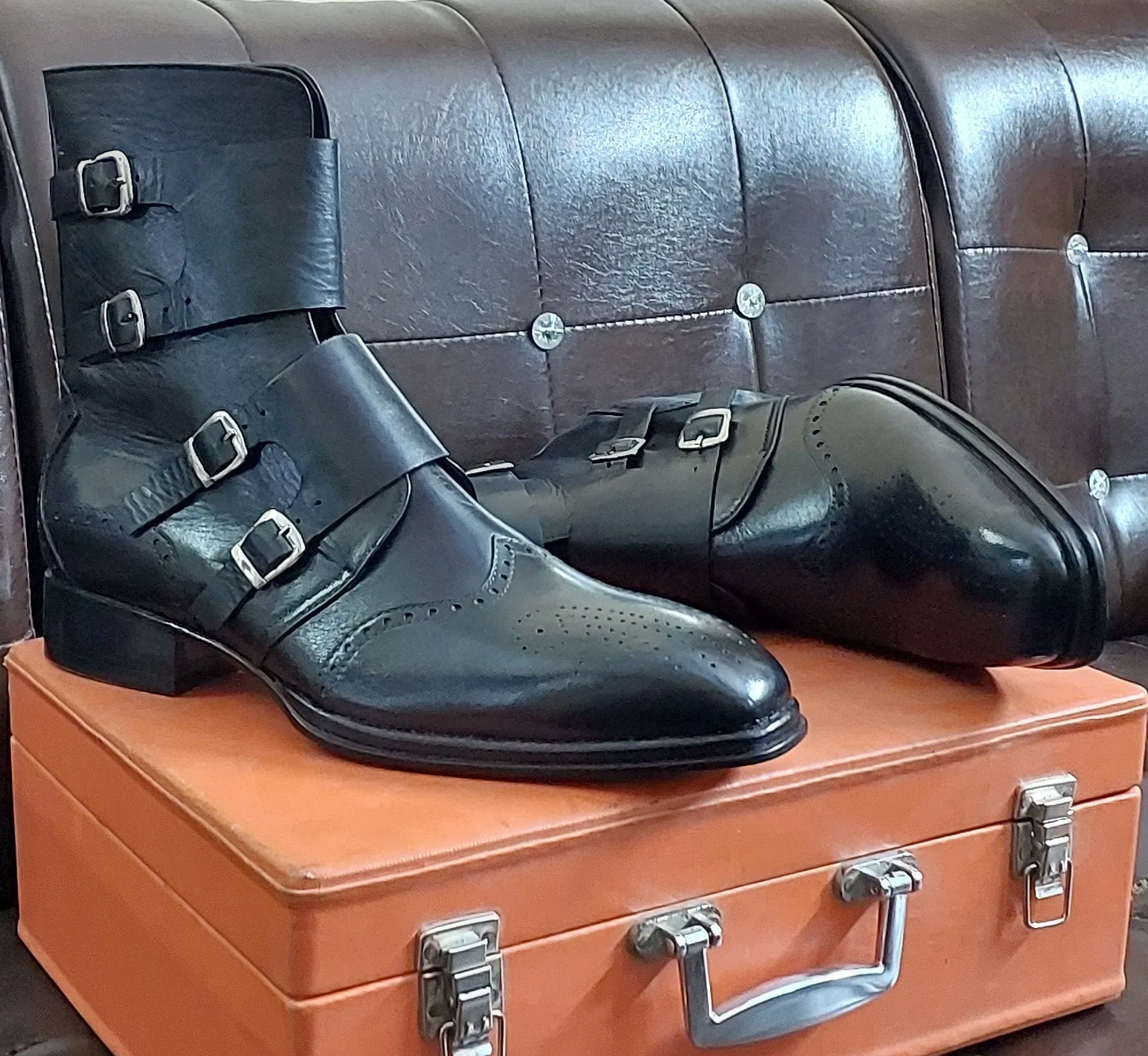 New Men's Handmade Formal Shoes Black Leather Monk Straps 4 Buckle Ankle High Formal Wear Boots