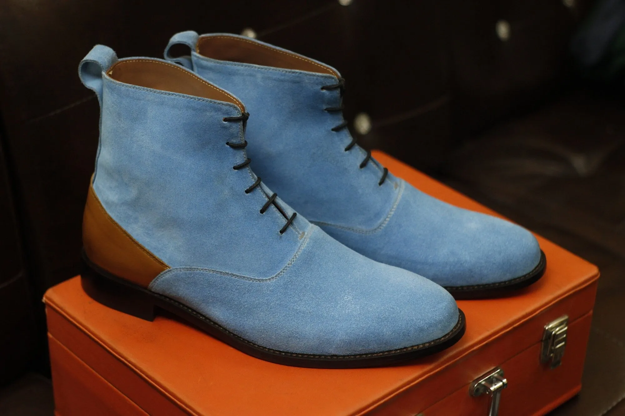 New Men's Handmade Formal Shoes Blue Suede Leather Lace Up Ankle High Stylish Dress & Formal Wear Boots