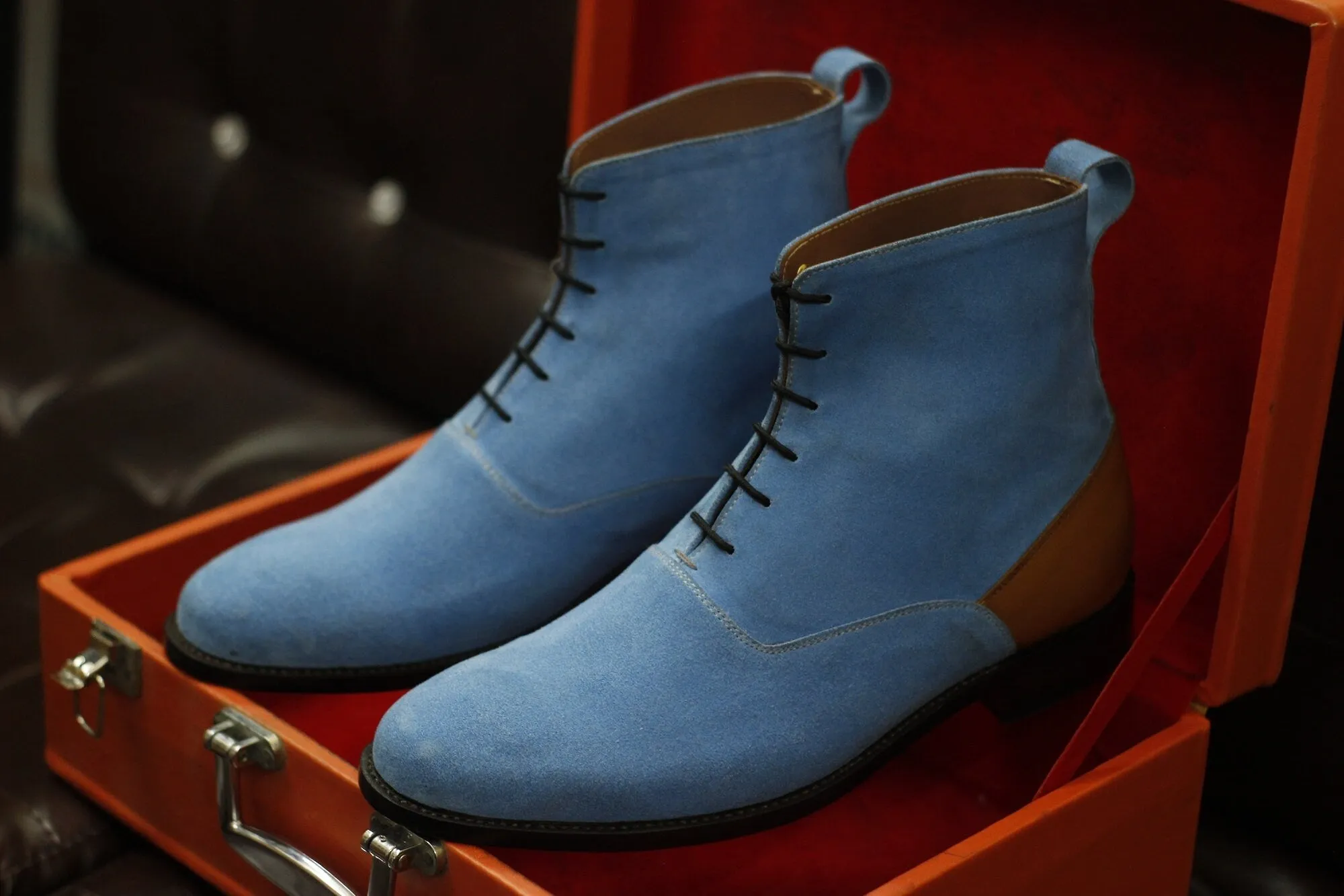 New Men's Handmade Formal Shoes Blue Suede Leather Lace Up Ankle High Stylish Dress & Formal Wear Boots