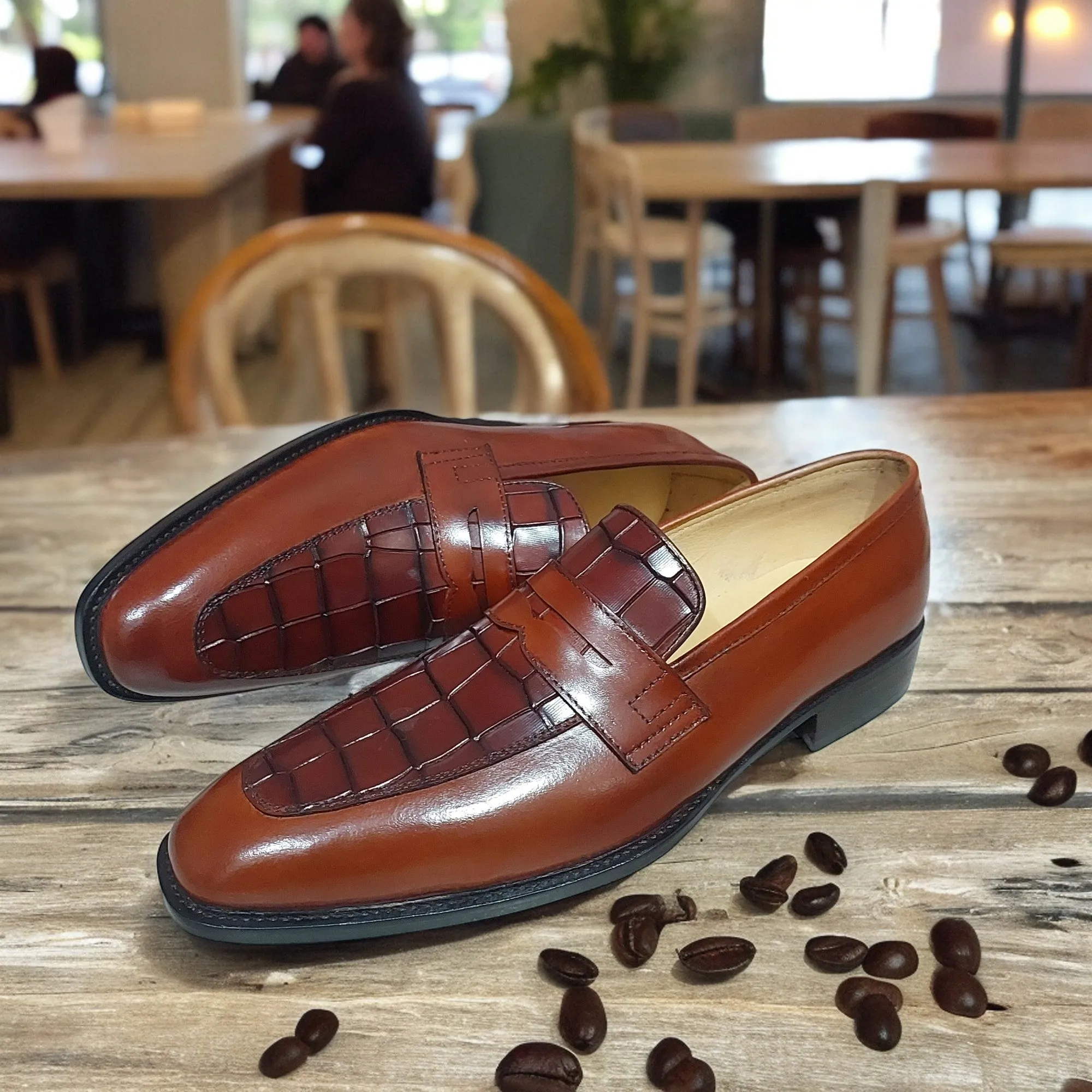 New Men's Handmade Formal Shoes Brown Crocodile Textured Leather Slip On Stylish Loafer Moccasin Shoes