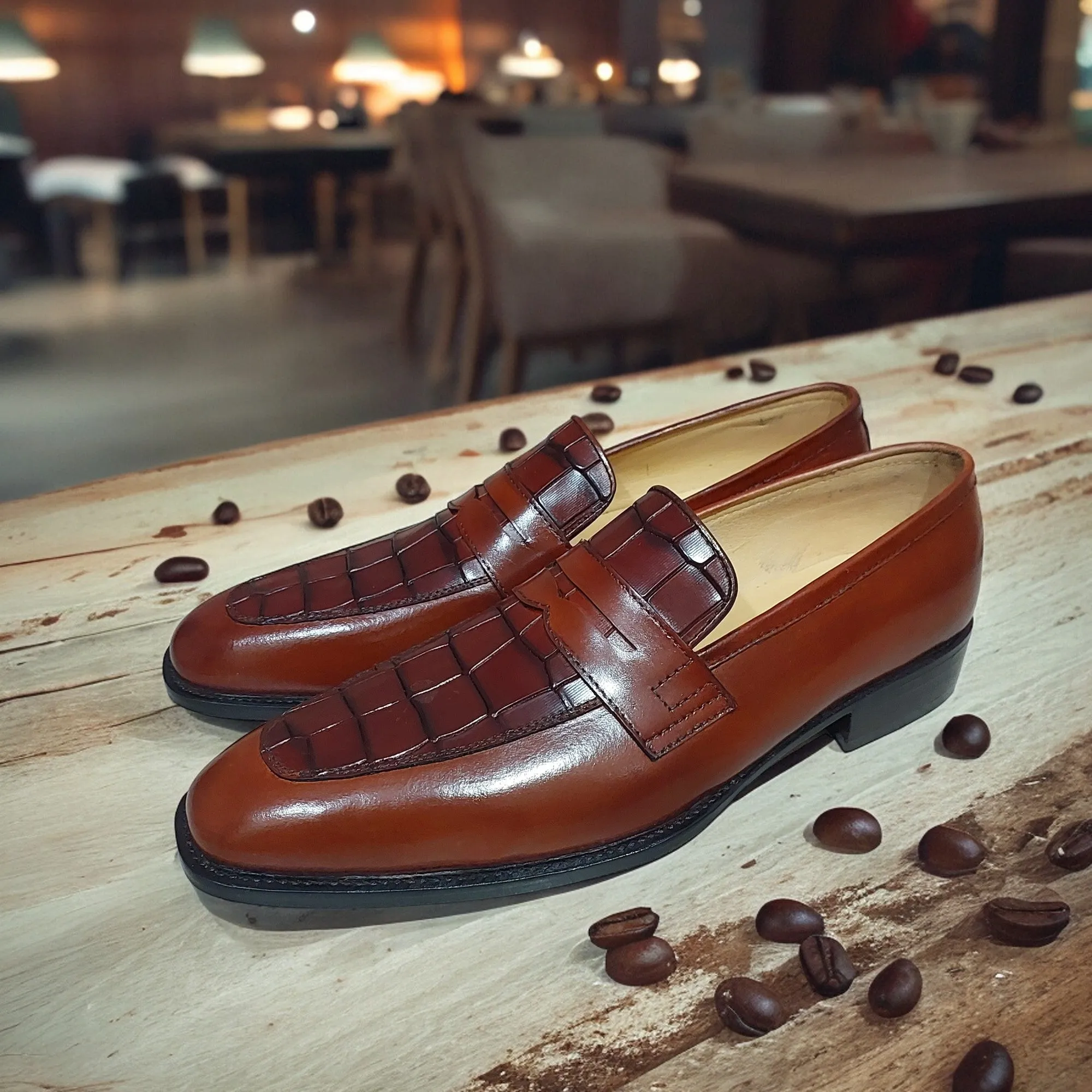 New Men's Handmade Formal Shoes Brown Crocodile Textured Leather Slip On Stylish Loafer Moccasin Shoes